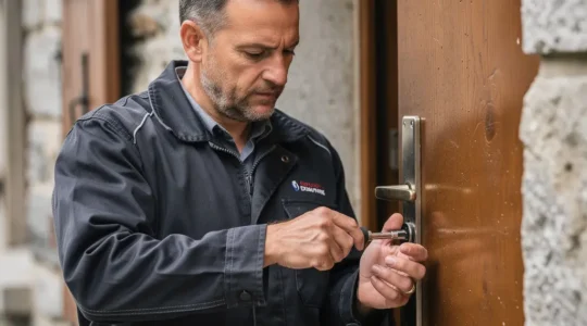 Artisan serrurier examinant une serrure de porte d'entrée en Haute-Savoie
