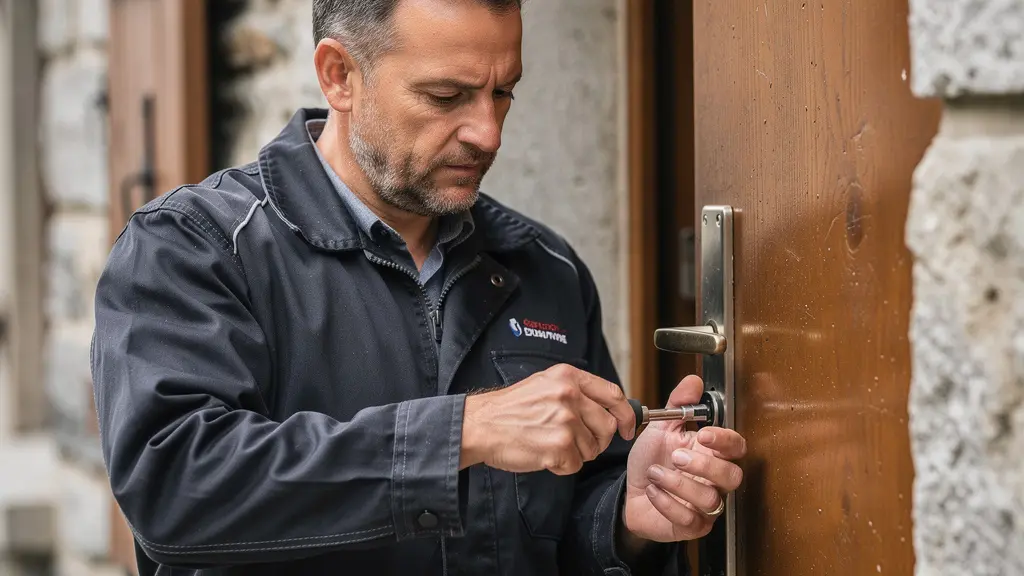 Artisan serrurier examinant une serrure de porte d'entrée en Haute-Savoie